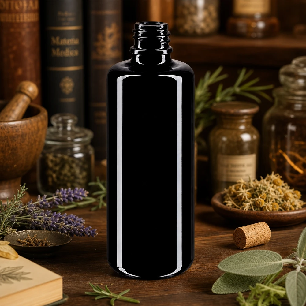 Violettglas Flasche 50ml DIN 18 (Mironglas) Apothekerflasche Orion 50ml aus original Miron Violettglas für traditionelle Heilmittel Herstellung