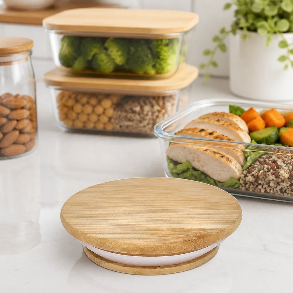Coperchio in legno versione "A" per WECK RR60 Coperchio in legno RR60 per i vasetti WECK nell'ambiente cucina con contenitori per la preparazione dei pasti e alimenti sani