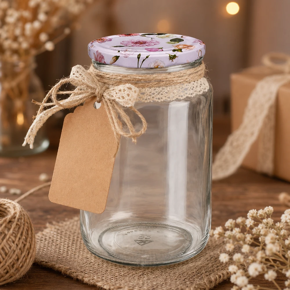 Barattolo rotondo da 795 ml vuoto con coperchio BasicSeal fiori rosa decorazione rustica corda di iuta etichetta in carta kraft confezione regalo