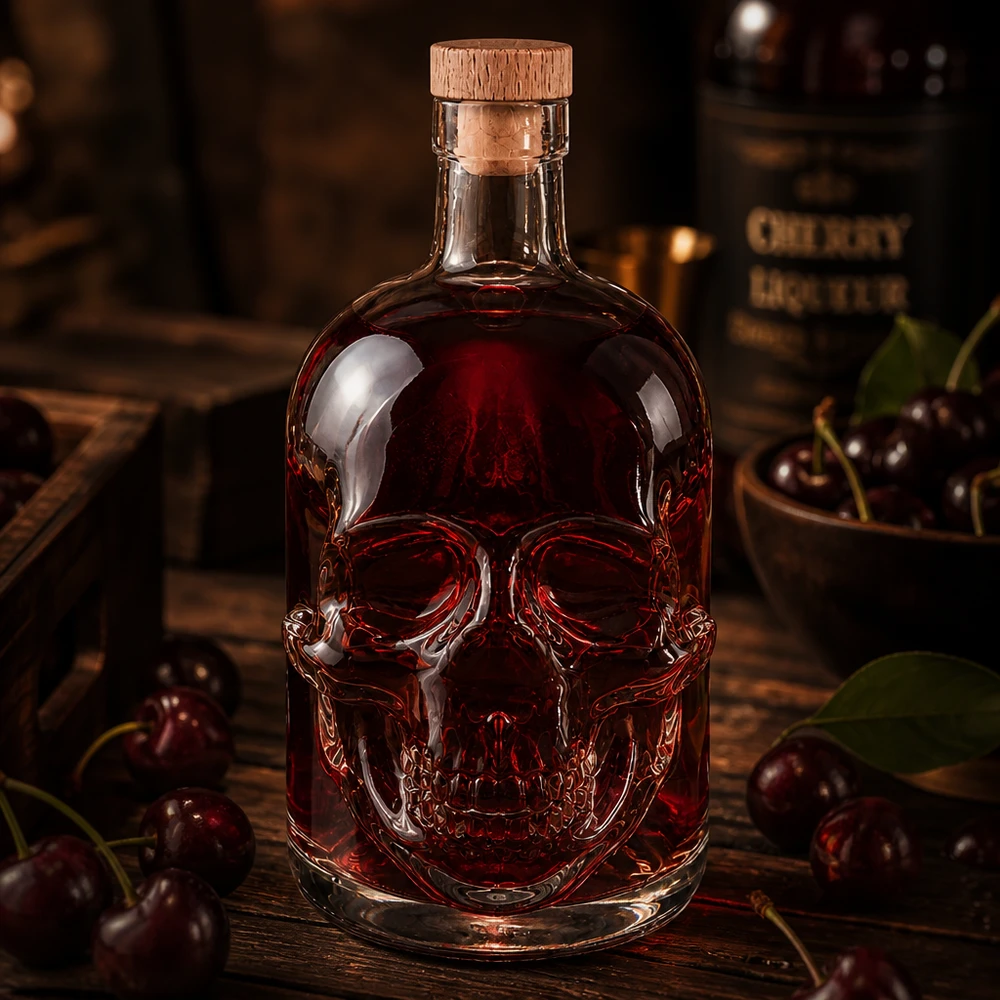 Bottiglia in vetro da 700 ml Jack con tappo in sughero con impugnatura in legno UNiTWIST® Totenkopf-Glasflasche 700ml Jack mit roter Flüssigkeit gefüllt zwischen dunklen Kirschen in mystischer Bar-Atmosphäre