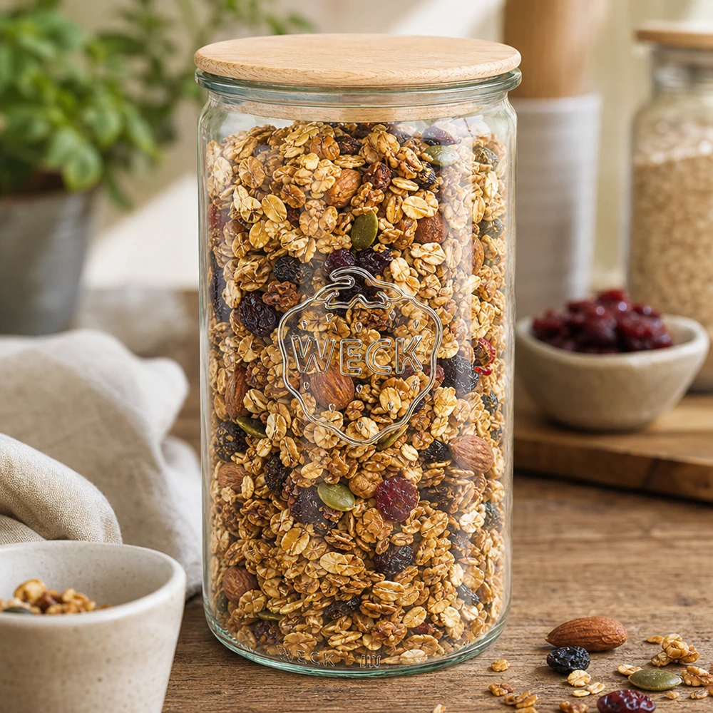 1590ml Zylinderglas WECK RR100 mit Holzdeckel WECK Vorratsglas 1590ml RR100 gefüllt mit Müsli und Nüssen als Küchenorganisation auf Holztisch
