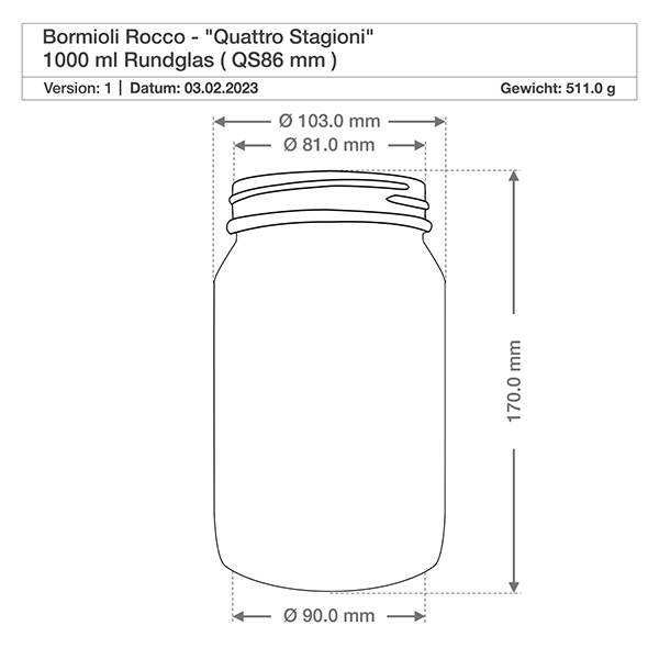 Barattolo rotondo "Quattro Stagioni" da 1000 ml con coperchio Disegno tecnico 1000ml Quattro Stagioni bicchiere rotondo con dimensioni diametro altezza 170mm Specifiche Bormioli Rocco