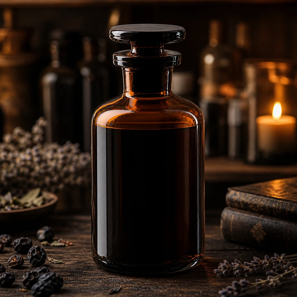 Flacone a spalle arrotondate da 50 ml in vetro ambrato con collo stretto e tappo in vetro per farmacie e omeopatia