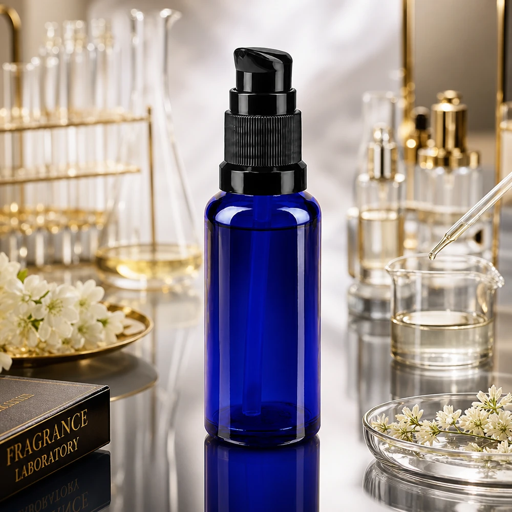 Zylindrische 30ml Glasflasche in Kobaltblau mit schwarzer STD Pumpe Laborhintergrund
