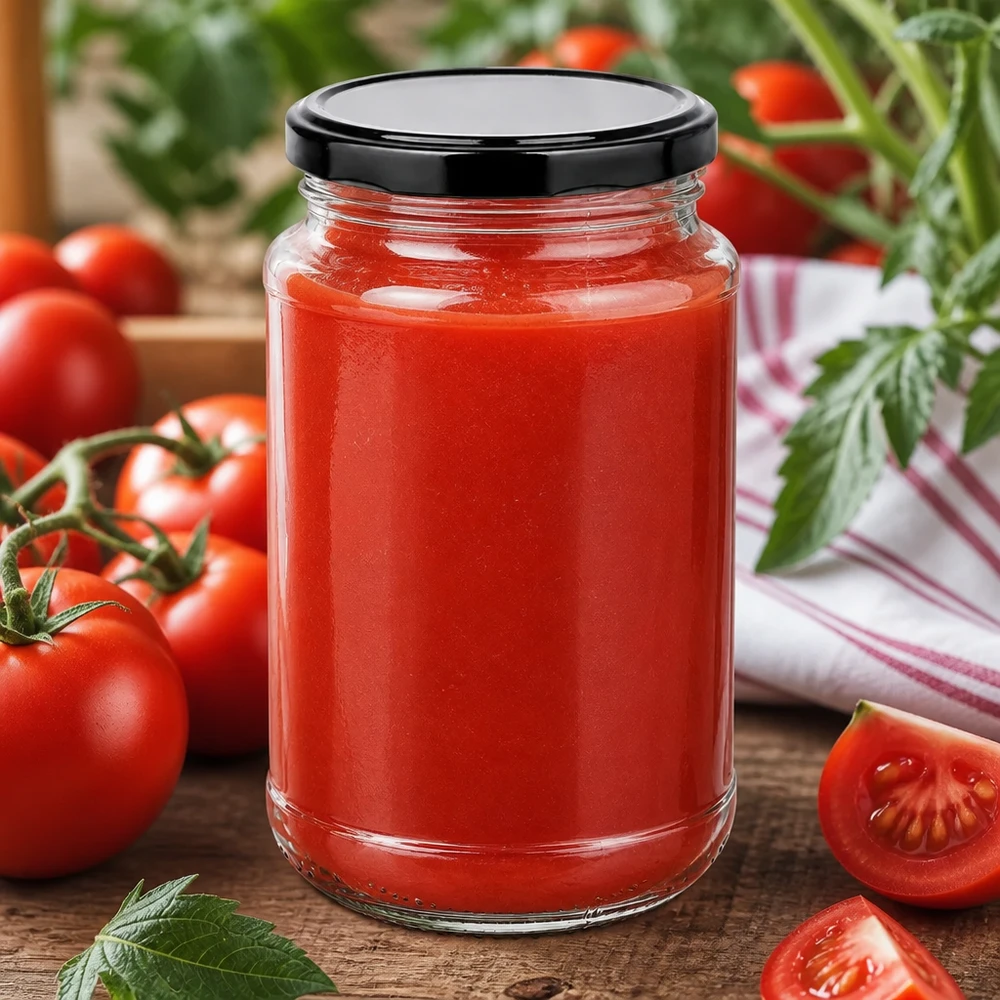 Einmachglas 320ml UNiTWIST mit schwarzem Twist-Off-Deckel voller selbstgemachter Tomatensoße auf Holztisch