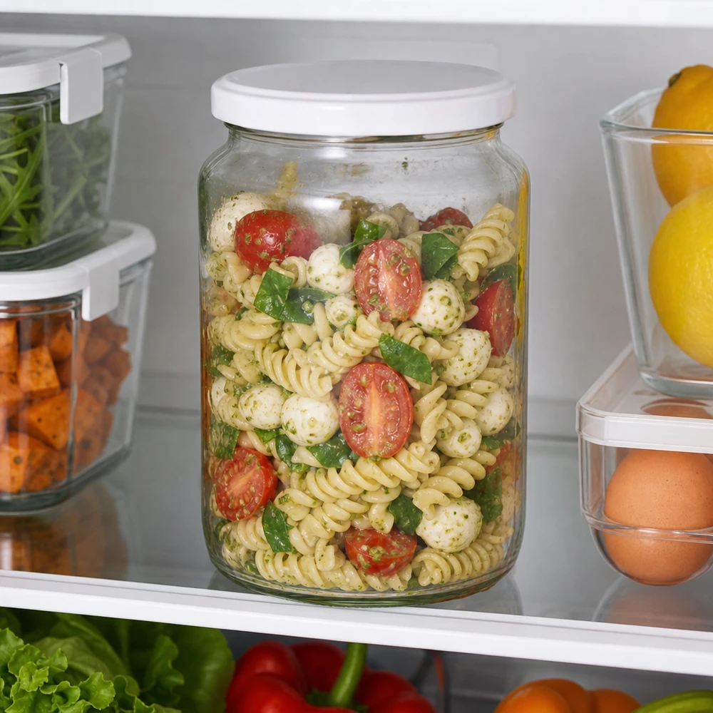 795ml Rundglas mit BasicSeal Deckel weiß UNiTWIST 795ml Rundglas UNiTWIST als Meal-Prep Behälter im Kühlschrank mit Nudelsalat gefüllt zeigt perfekte Frischhaltung