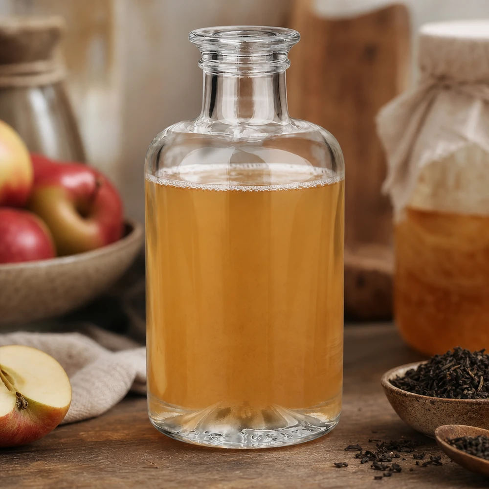 Flacone farmaceutico da 100 ml Sofia senza tappo UNiTWIST® Bottiglia di vetro Sofia da 100 ml riempita di succo di mela accanto a mele fresche ed erbe da tè su un tavolo di legno naturale