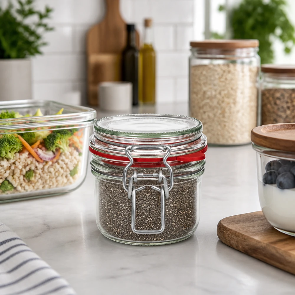 Barattolo da 255 ml, tipo G, con tappo a clip UN.. Stilvolle Küchenorganisation mit 255ml Vorratsglas Bügelverschluss für Gewürze und Trockenvorräte auf Marmortheke