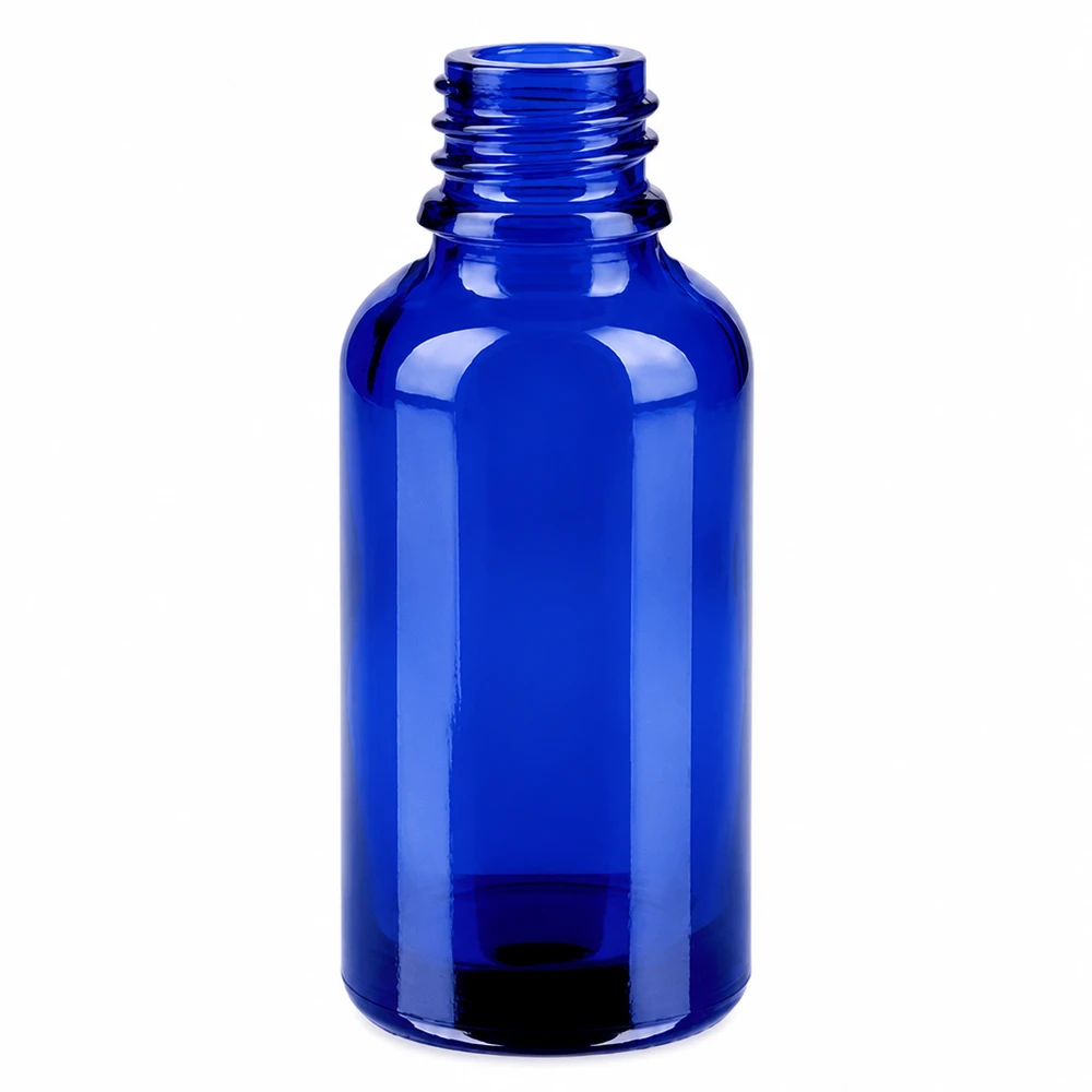 Il flacone in vetro blu cobalto da 30 ml con tappo a vite protegge in modo ottimale il contenuto dai raggi UV.