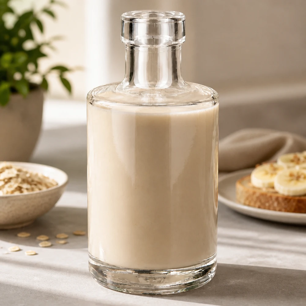 Bottiglia di vetro Marie 200ml riempita di latte d'avena Scena di cucina in stile di vita con fiocchi d'avena e pane Applicazione