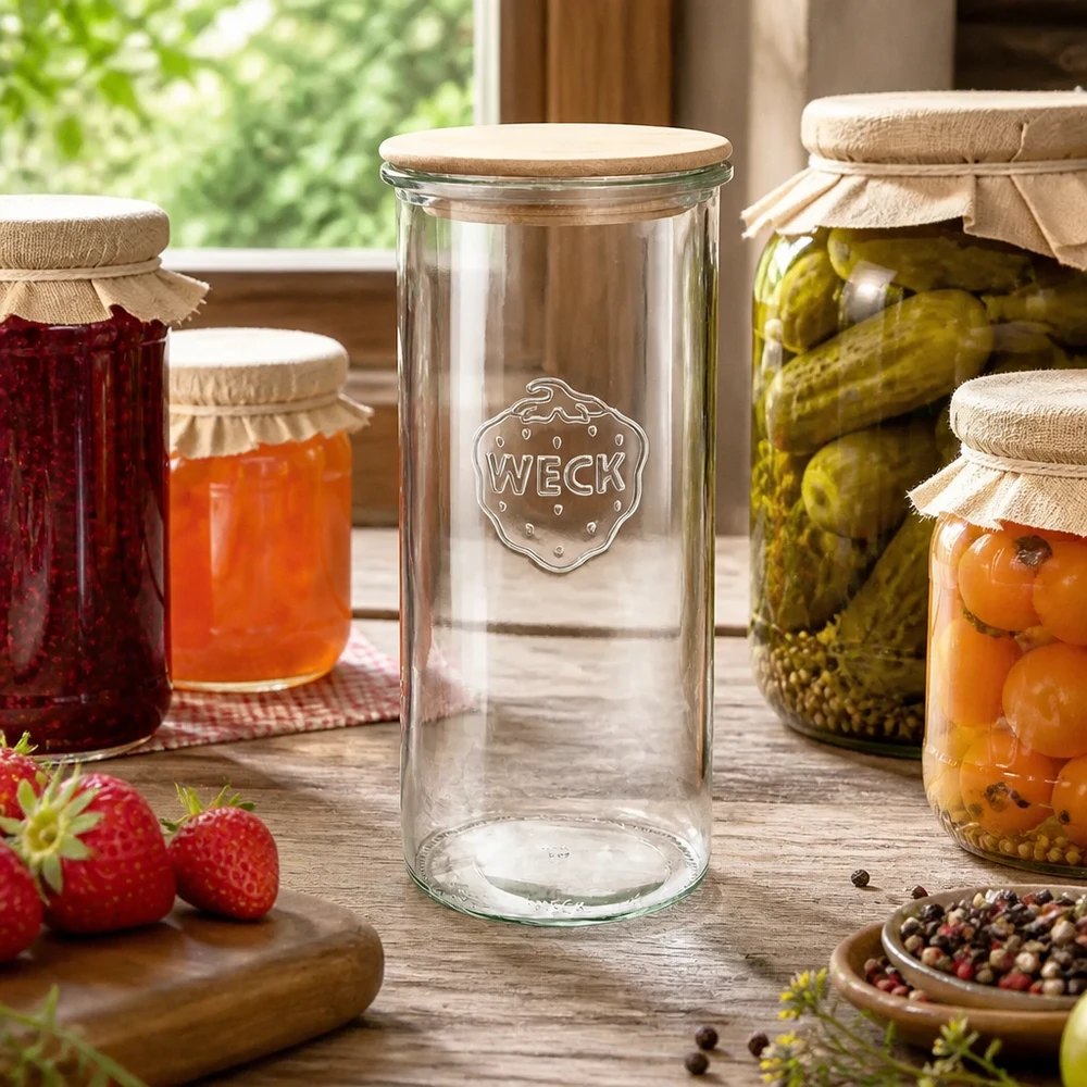 1500ml Sturzglas WECK RR100 mit Holzdeckel WECK Sturzglas RR100 1500ml Einmachglas mit Holzdeckel in rustikaler Küche mit Marmelade und eingelegten Gurken
