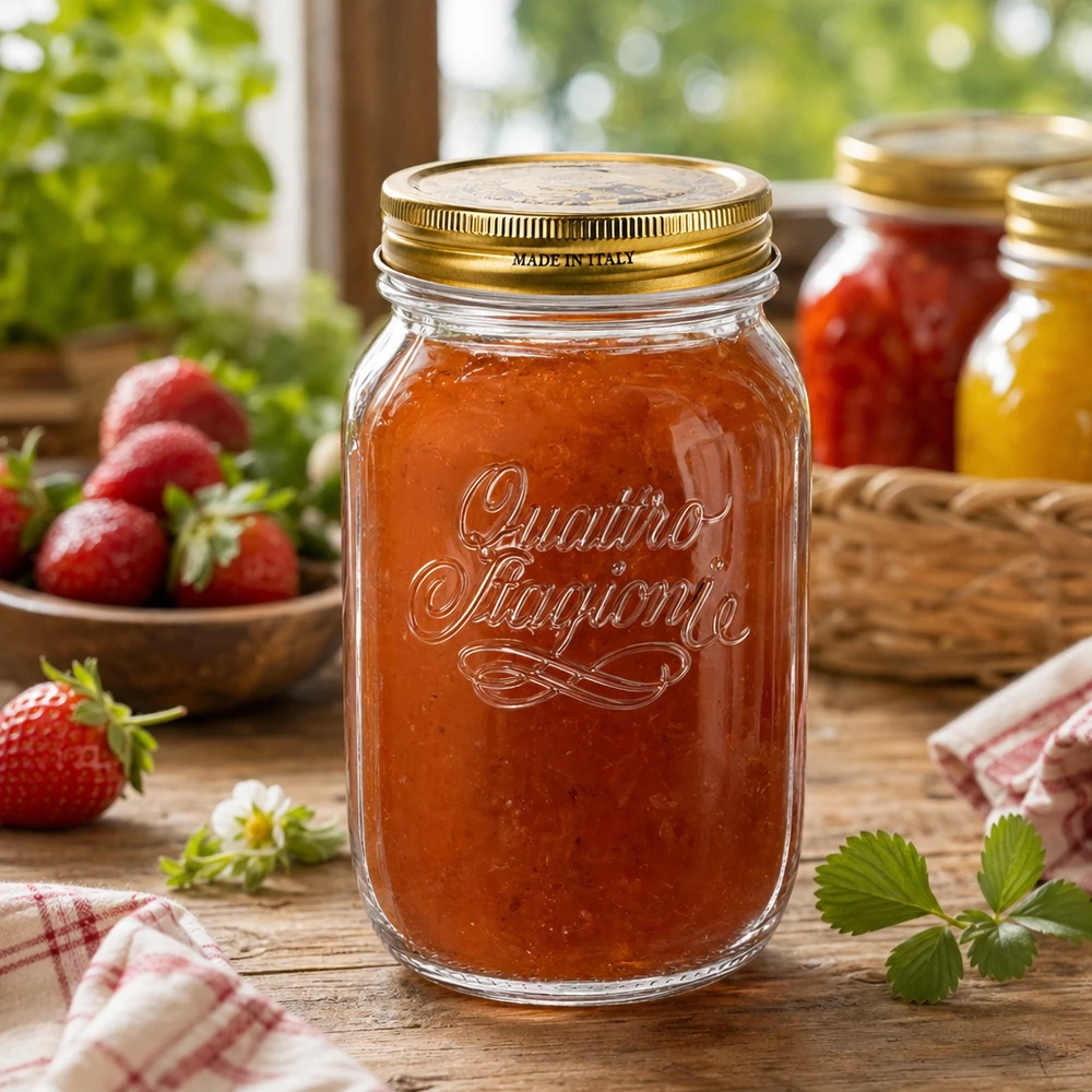 1000ml Rundglas "Quattro Stagioni" mit Deckel 1000ml Quattro Stagioni Glas mit hausgemachter Erdbeermarmelade gefüllt auf rustikalem Holztisch italienisches Einmachgl