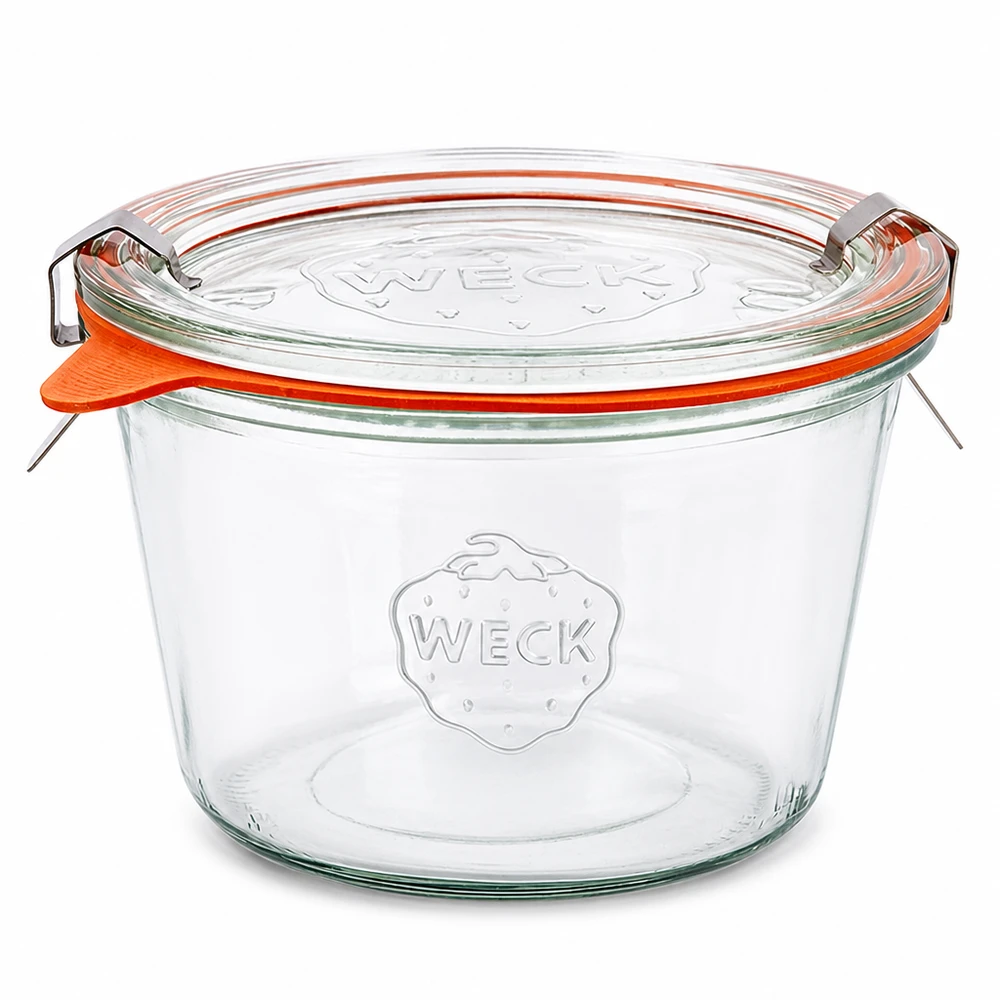 Bicchieri da 370 ml completi WECK RR100 Bicchieri WECK da 370 ml RR100 con coperchio in vetro e anello in gomma arancione Set completo per conserve e scatolame