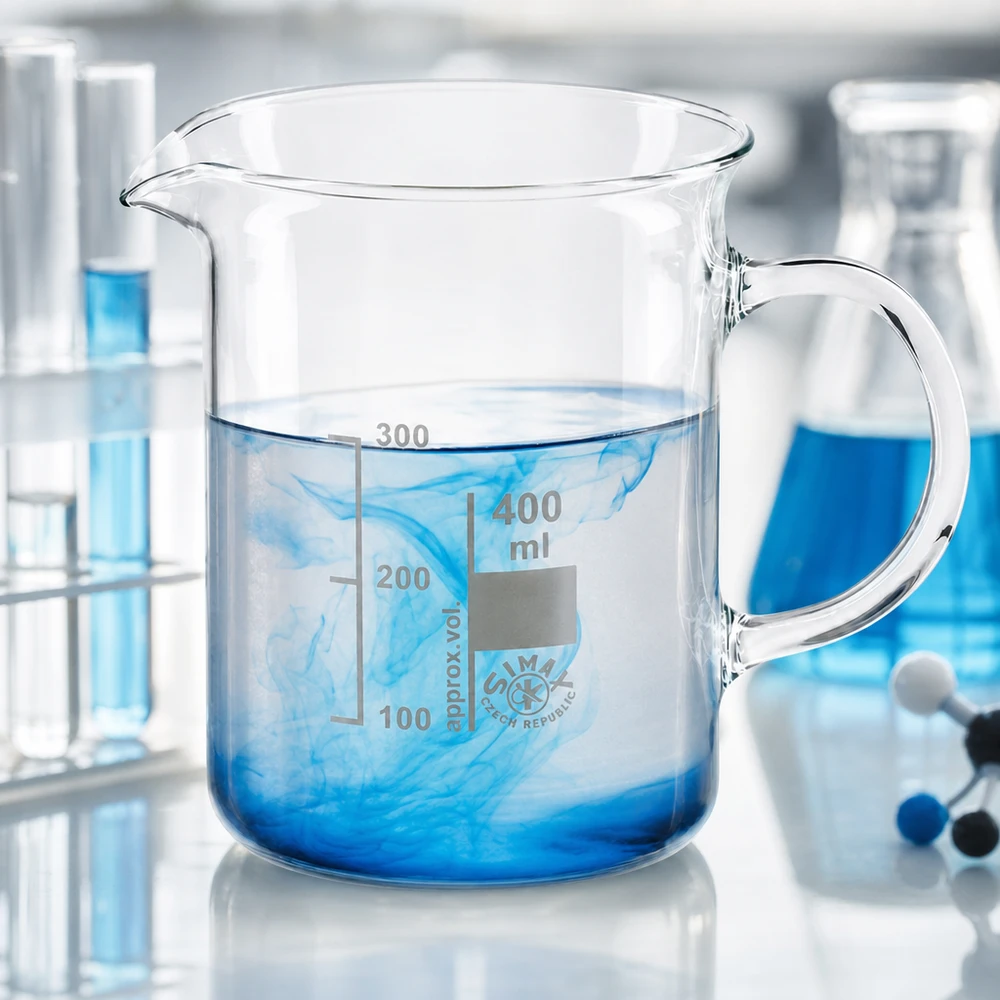 Bicchiere 400ml in vetro borosilicato, con manico Bicchiere da laboratorio da 400 ml con manico; il colorante blu si scioglie in acqua; vetro borosilicato; attrezzatura da laboratorio