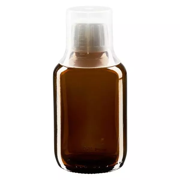 Flacone per medicinali da 150 ml marrone, tappo OV con coppetta dosatrice 3