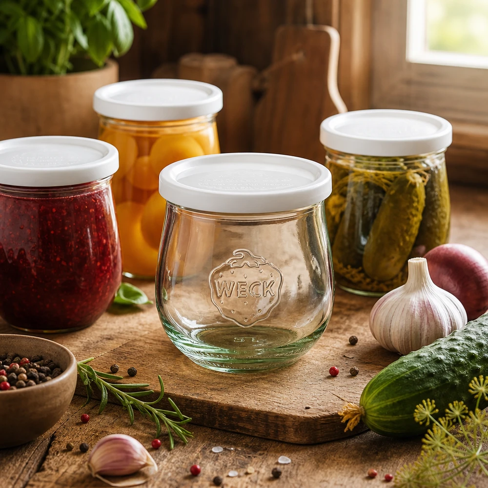 Vaso a tulipano da 370 ml con coperchio a tenuta ermetica WECK RR80 Vaso a tulipano WECK 370ml RR80 in scena di cucina con conserve, spezie ed erbe aromatiche disposte su tavola di legno