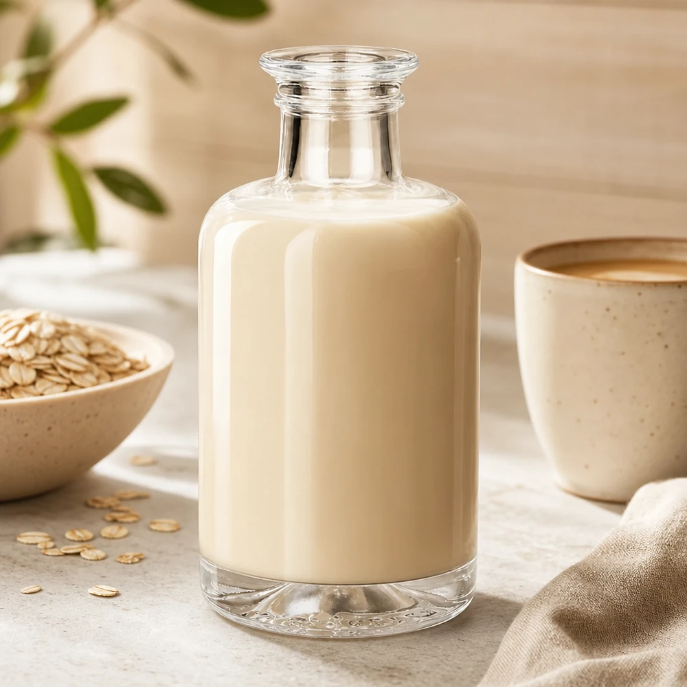 Bottiglia di vetro Sofia da 100 ml riempita di latte d'avena accanto a fiocchi d'avena e tazza su sfondo chiaro