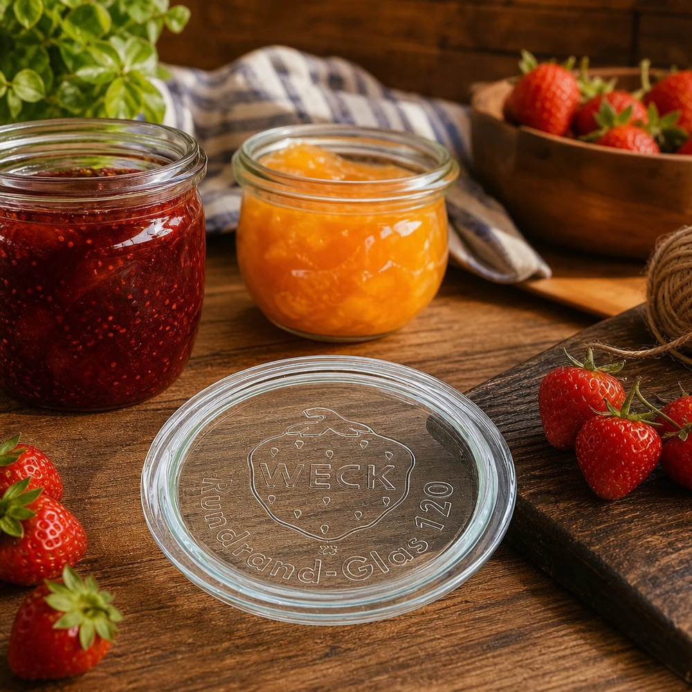 Coperchio in vetro WECK RR120 WECK Glasdeckel RR120 für stilvolle Marmeladengläser und Konservierung von Obst in rustikaler Küche mit Erdbeeren