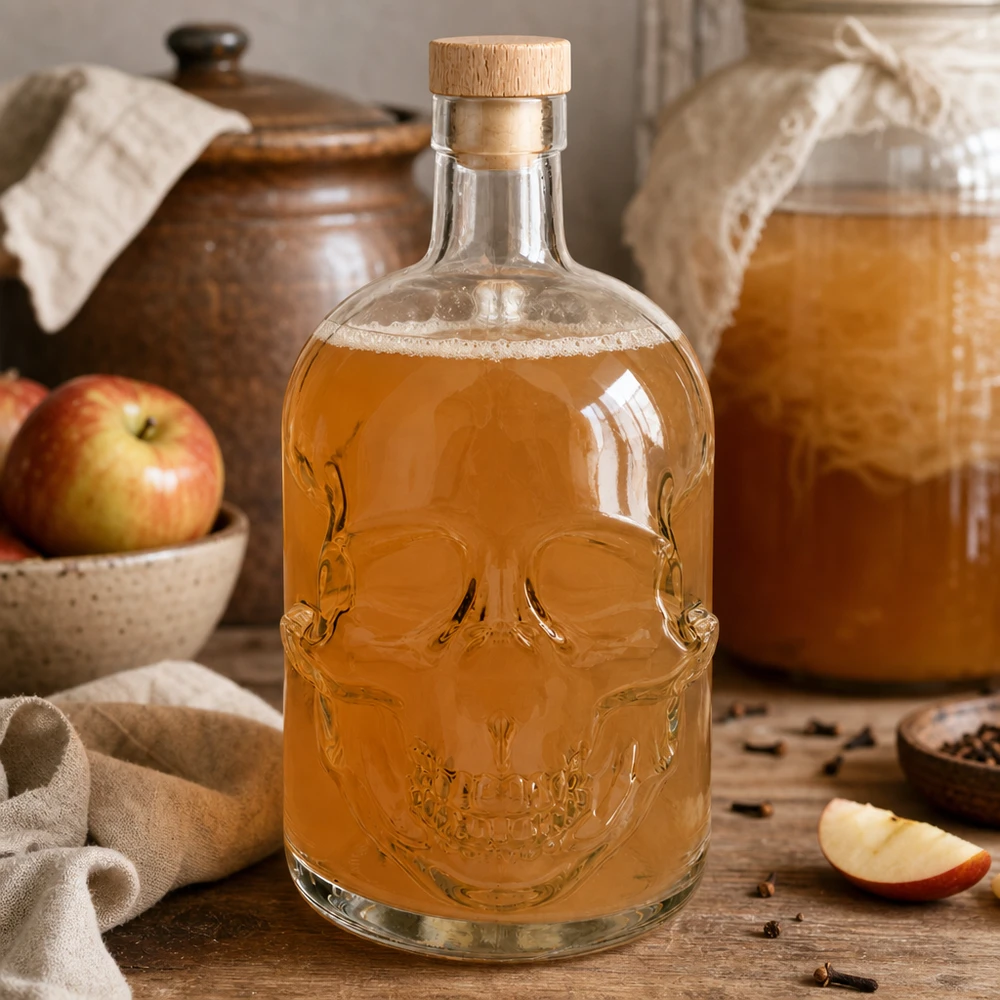 Bottiglia in vetro da 700 ml Jack con tappo in sughero con impugnatura in legno UNiTWIST® Totenkopf-Glasflasche 700ml mit Apfelmost gefüllt neben Äpfeln und Gewürzen in rustikaler Küchen-Destillerie
