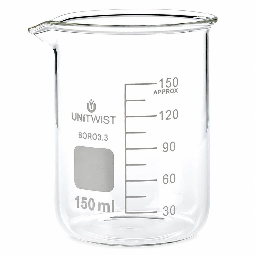 Bicchiere 150ml borosilicato, stampo basso UNiTwist Bicchiere da laboratorio da 150 ml in borosilicato, forma bassa, UNiTwist, trasparente, con scala graduata fino a 150 ml