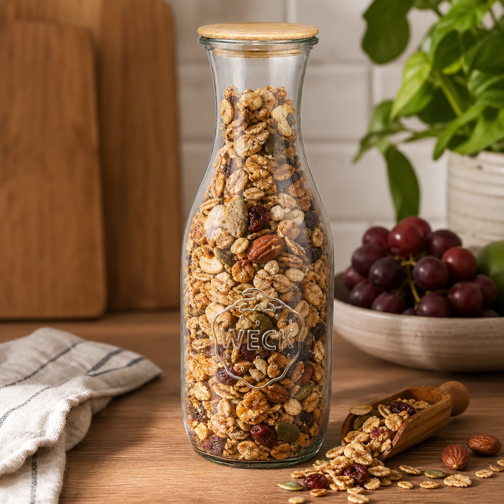 1062ml Saftflasche WECK RR60 mit Holzdeckel WECK Saftflasche 1062ml mit Holzdeckel gefüllt mit Müsli und Nüssen auf Holztisch neben Trauben und Schaufel