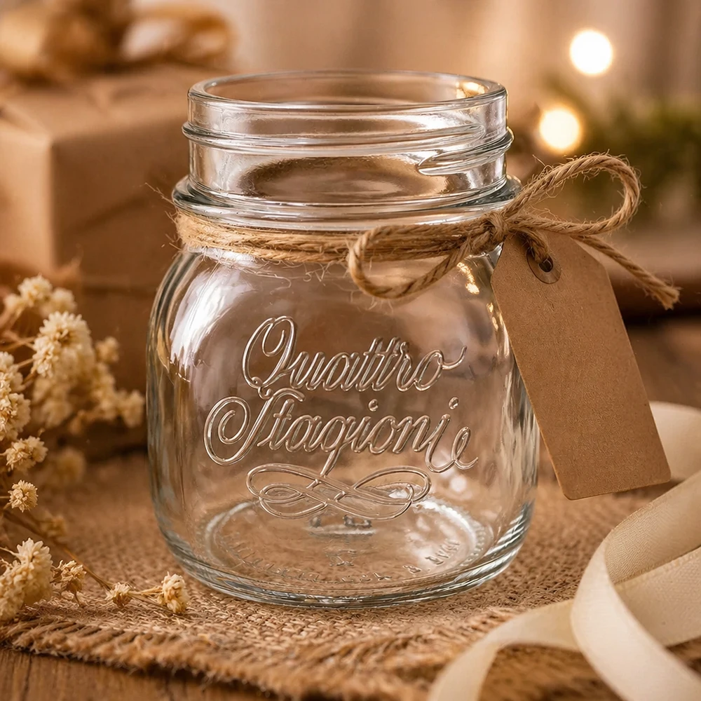 Barattolo domestico Quattro Stagioni da 150 ml con coperchio e nastro di iuta, barattolo decorativo per conserve su un tavolo di legno rustico