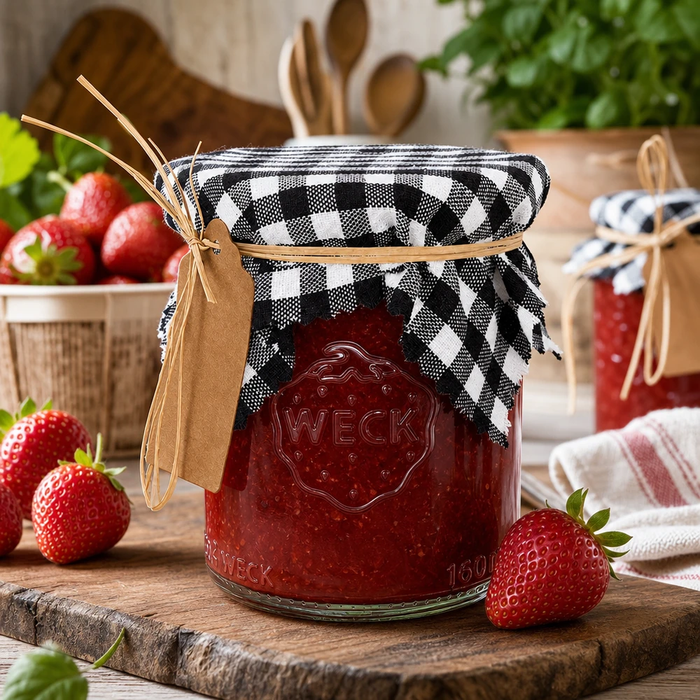 Centrino in tessuto per gioielli a quadretti neri 12 cm quadrati Centrino in tessuto a scacchi bianchi e neri su un barattolo di marmellata con fragole, decorazione rustica da cucina in stile vintage