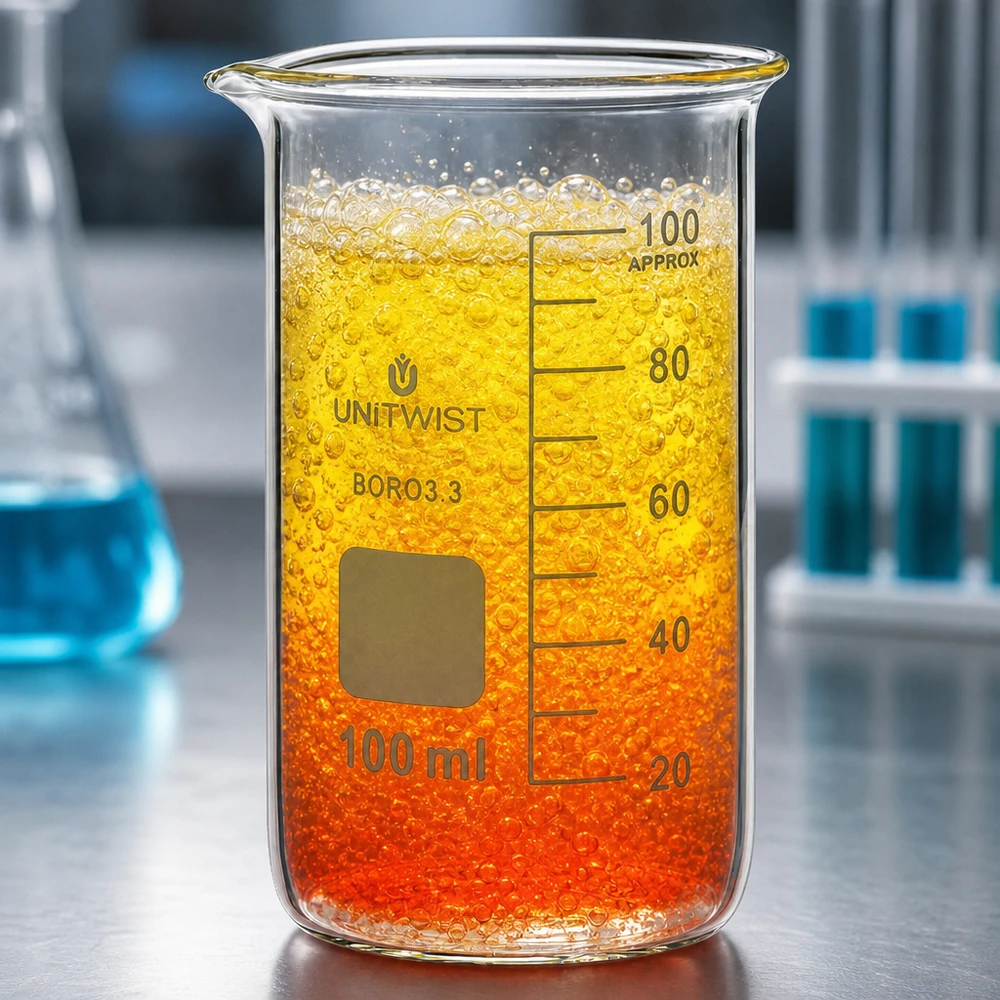 Bicchiere da 100 ml in borosilicato, forma alta UNITWIST Vaso di borosilicato UNITWIST da 100 ml, modello alto, con liquido di reazione gorgogliante di colore giallo-arancio