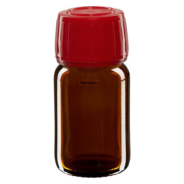 Flacone per medicinali da 30 ml marrone, tappo rosso con chiusura antimanomissione Flacone per medicinali da 30 ml marrone, tappo rosso con chiusura antimanomissione