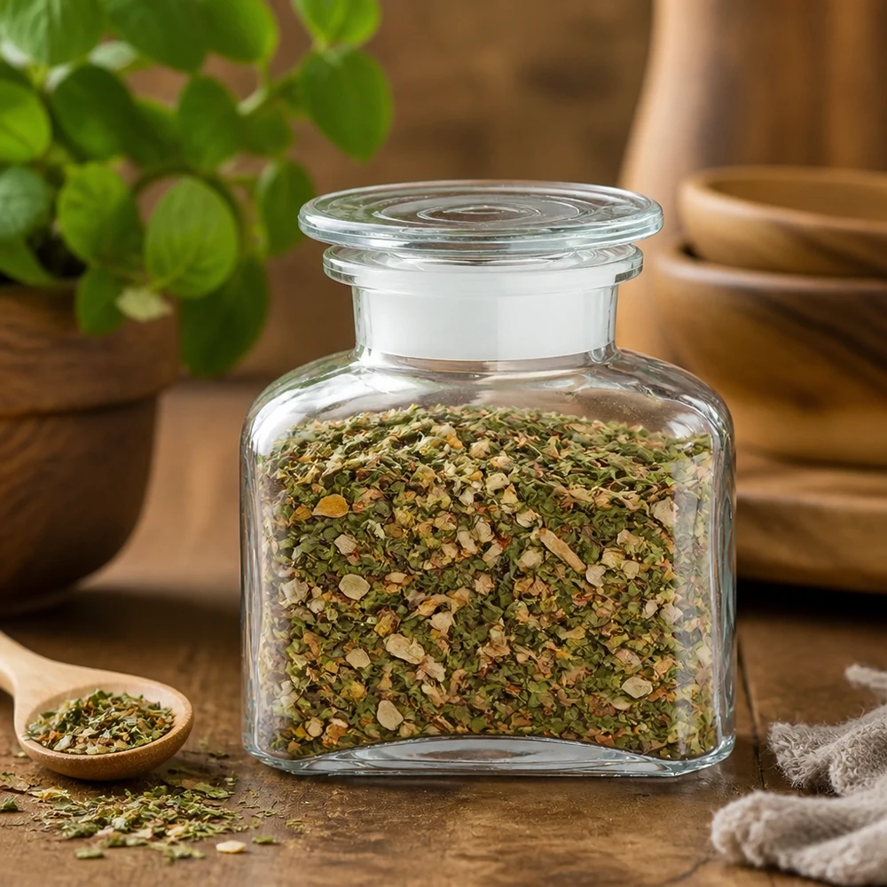 Barattolo per spezie con chiusura ermetica contenente un mix di erbe aromatiche e aglio, con un panno in lino naturale appoggiato su una superficie in legno