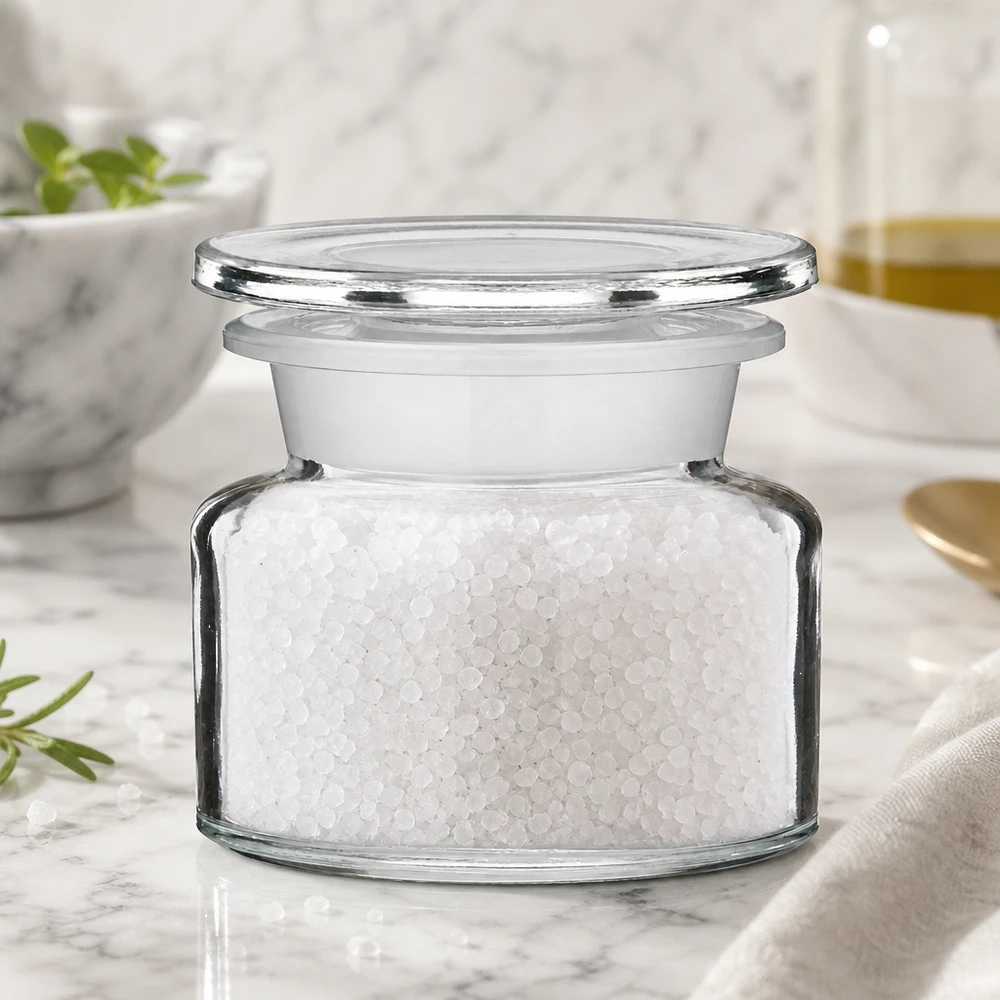 Vasetto per spezie da 50 ml in vetro trasparente, pieno di sale, su un ripiano di marmo accanto a un cucchiaino dorato