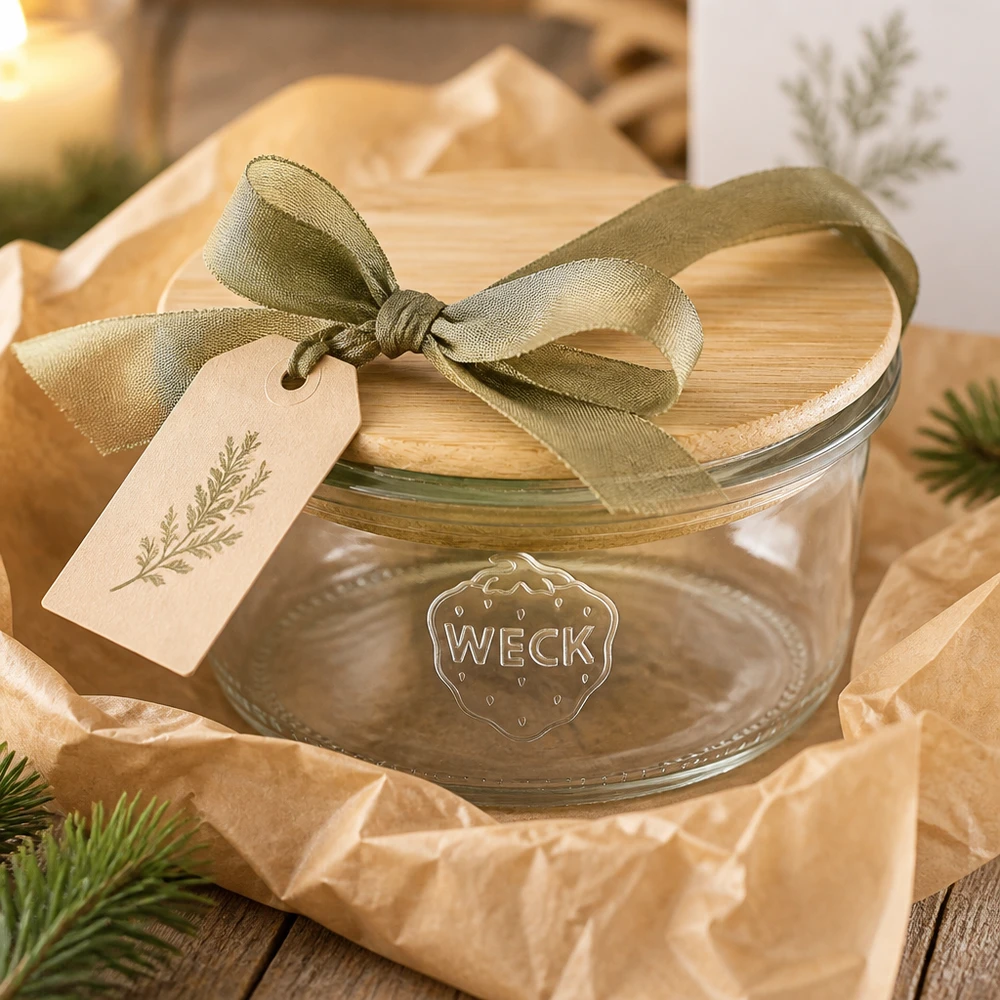 165ml Sturzglas WECK RR80 mit Holzdeckel WECK Sturzglas 165ml RR80 als Geschenkset mit grüner Schleife und Anhänger auf Holztisch weihnachtlich dekoriert