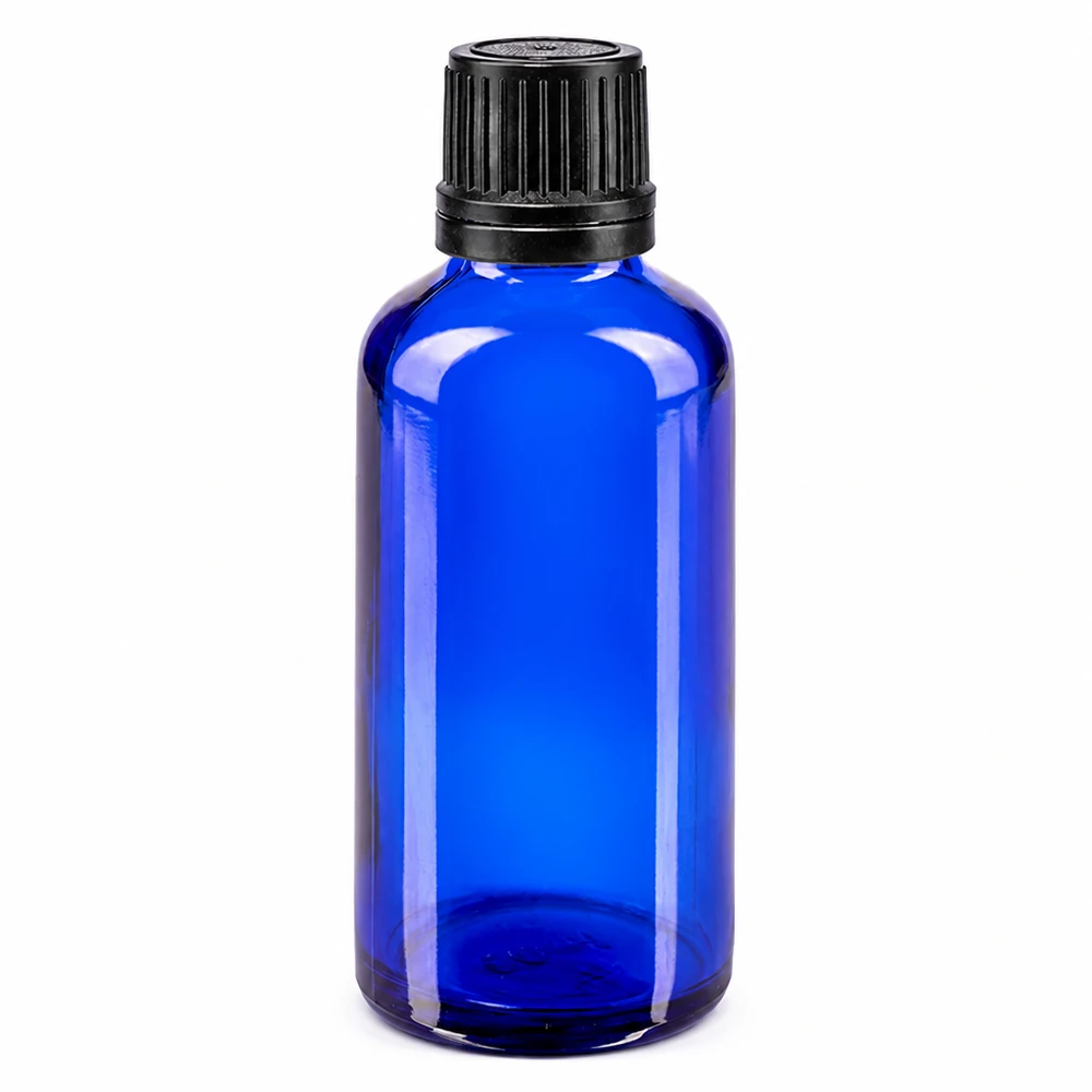 Apothekenflasche blau 50ml Tropfverschluss Giessring 1mm schwarz Originalitätsverschluss Hochwertige blaue Lichtschutzflasche 50ml mit OV-Schraubverschluss und Tropfeinsatz schwarz