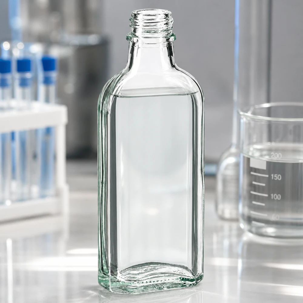 Flacone Meplat piatto da 100 ml, trasparente, con filettatura DIN 22, utilizzato nei laboratori medici