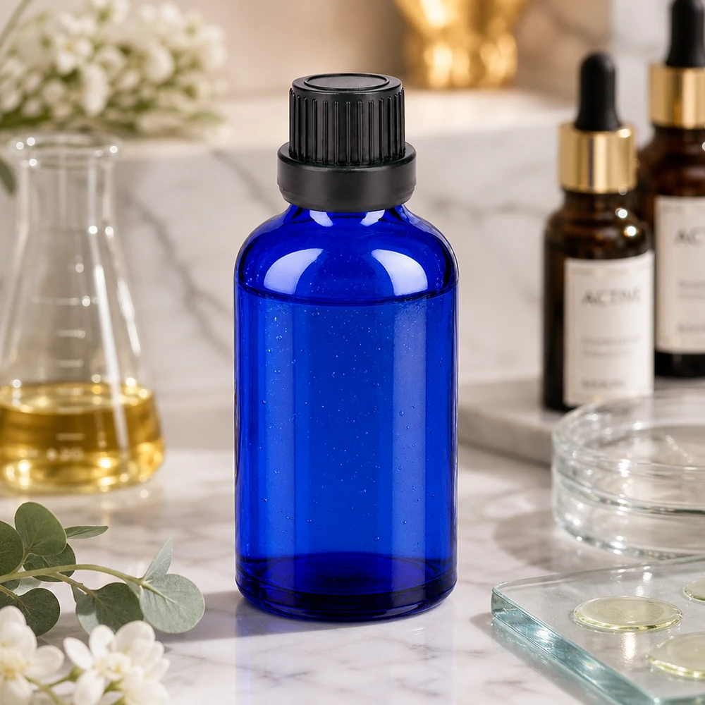 Elegante flacone di vetro di design da 50 ml in blu cobalto per prodotti cosmetici di alta qualità