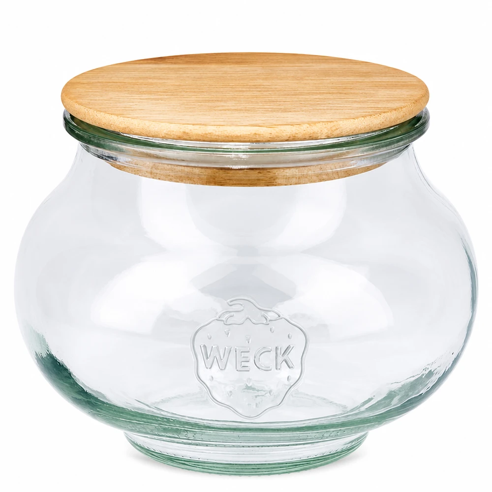 560ml Schmuckglas WECK RR80 mit Holzdeckel WECK Schmuckglas 560ml RR80 mit rundem Holzdeckel aus Eiche transparentes Vorratsglas mit Weck Logo
