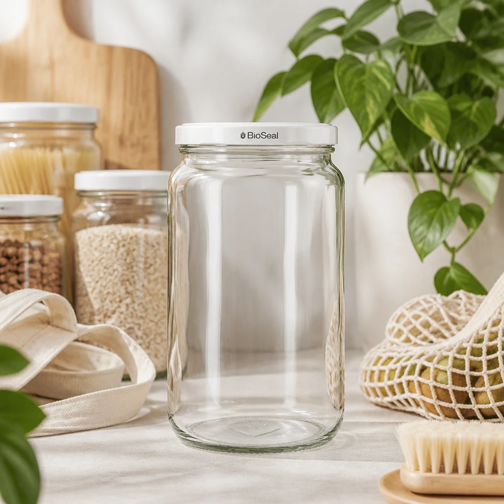 Barattolo UNiTWIST Runda795 con coperchio bianco TO82 BioSeal in cucina sostenibile a rifiuti zero con materiali naturali