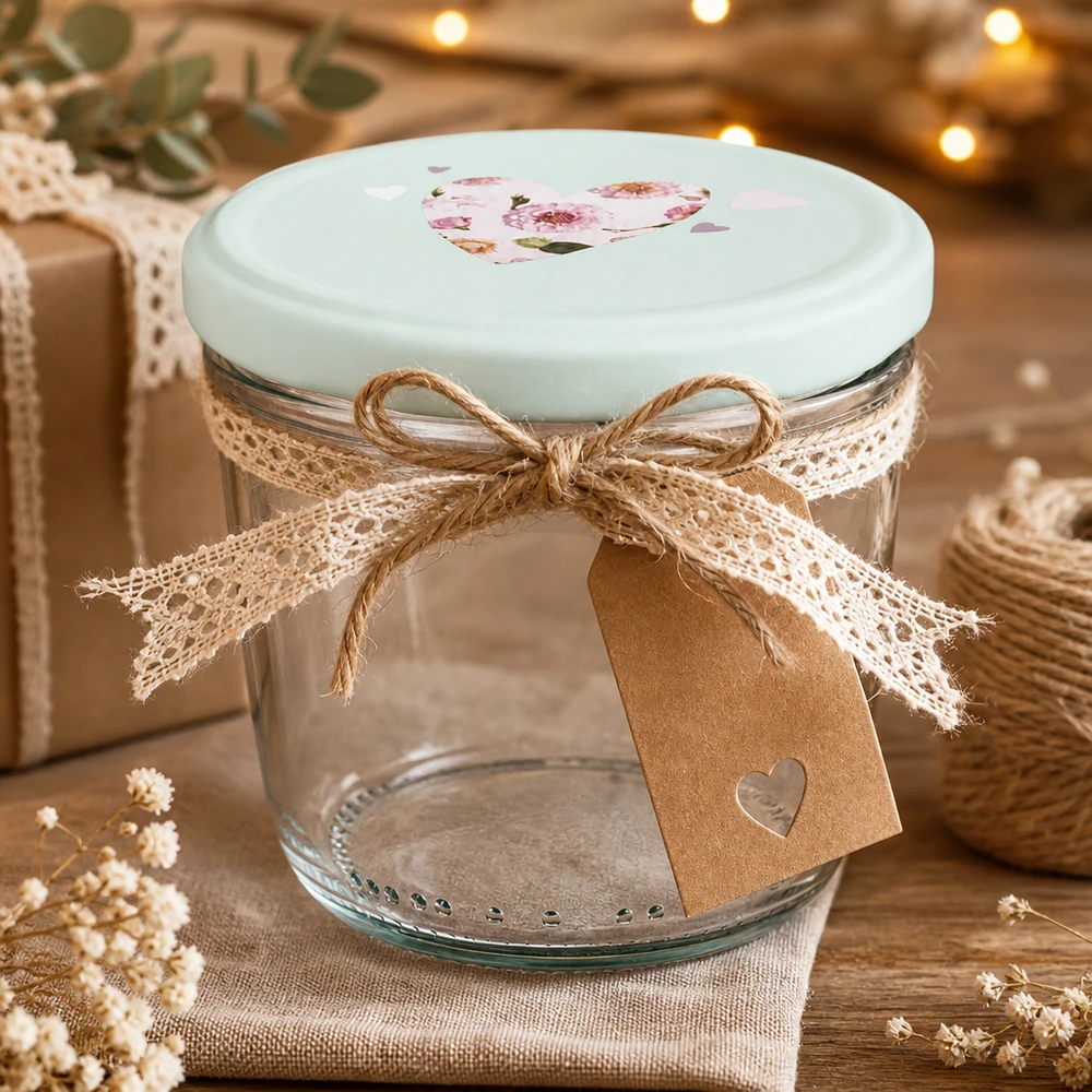 230ml Sturzglas + BasicSeal Deckel Herz mint UNiTWIST 230ml Sturzglas mit BasicSeal Deckel Herz mint als Geschenkidee, dekoriert mit Juteschleife und Geschenkanhänger