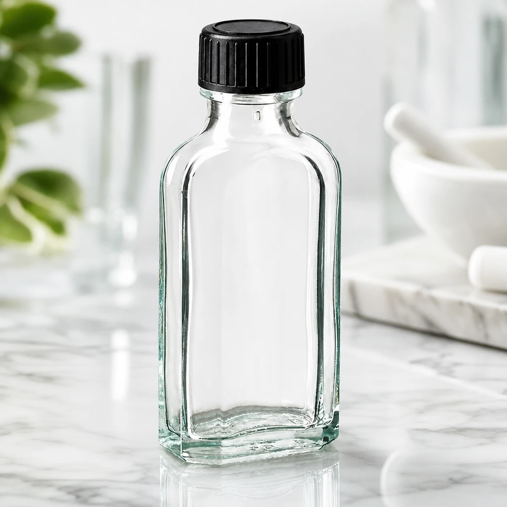 Flacone in vetro trasparente Meplat da 50 ml con tappo a vite nero su base in marmo
