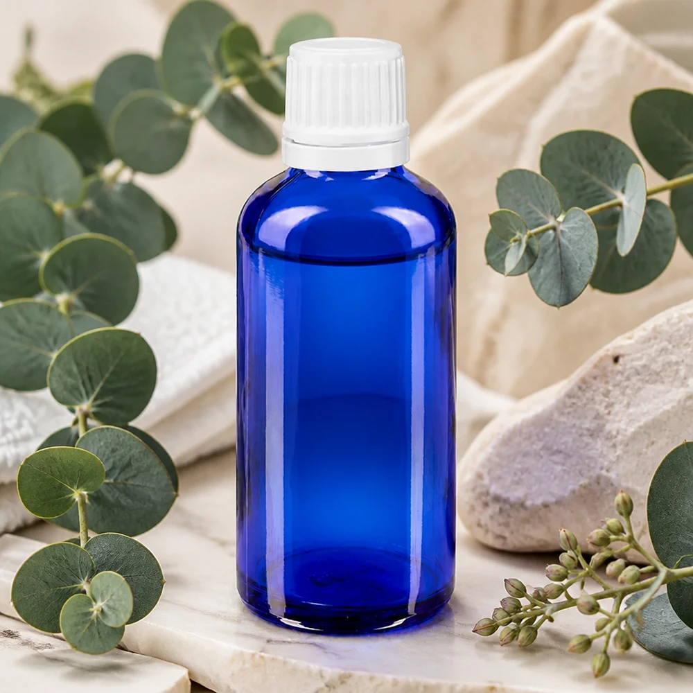 Zylindrische blaue Apothekerflasche 50ml weißer Verschluss neben Natursteinen und Kräutern