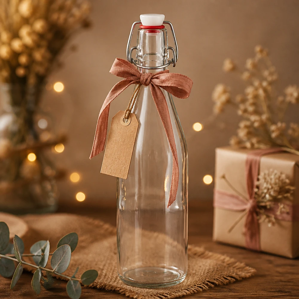 Bottiglia di vetro da 500 ml + tappo a battente in PVC UNiTWIST 500ml bottiglia di vetro swing top decorazione natalizia scatola regalo fiocco tag luci dorate