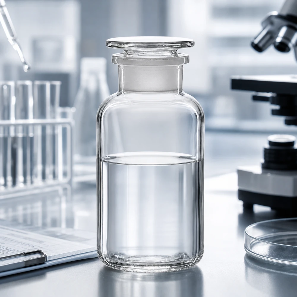Bottiglia a spalla arrotondata da 500 ml a collo largo, trasparente, su un tavolo da laboratorio con microscopio e piastra di Petri