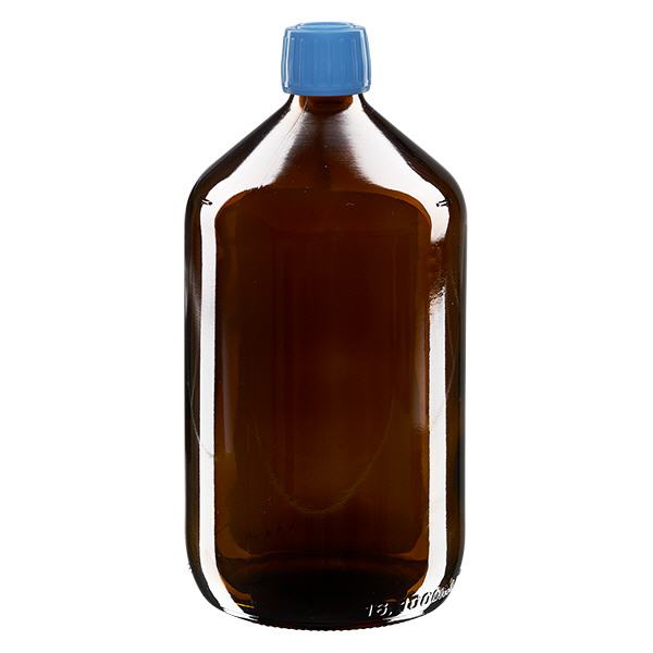 Flacone per medicinali da 1000 ml marrone, tappo blu con chiusura antimanomissione Flacone per medicinali da 1000 ml marrone, tappo blu con chiusura antimanomissione