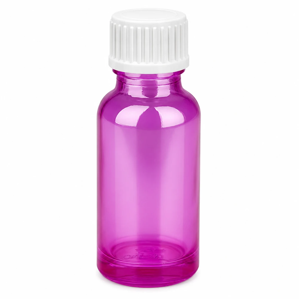 20ml (globules)Flacon 3mm bague de coulée blanc standard PurpleLine.UT18/20 Bouteille en verre violet vif de 20 ml avec bouchon blanc idéale pour les cosmétiques DIY
