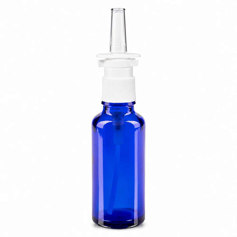 Hochwertige 30ml Nasensprayflasche Blauglas mit weißer Pumpe und klarer Nasenapplikator-Spitze
