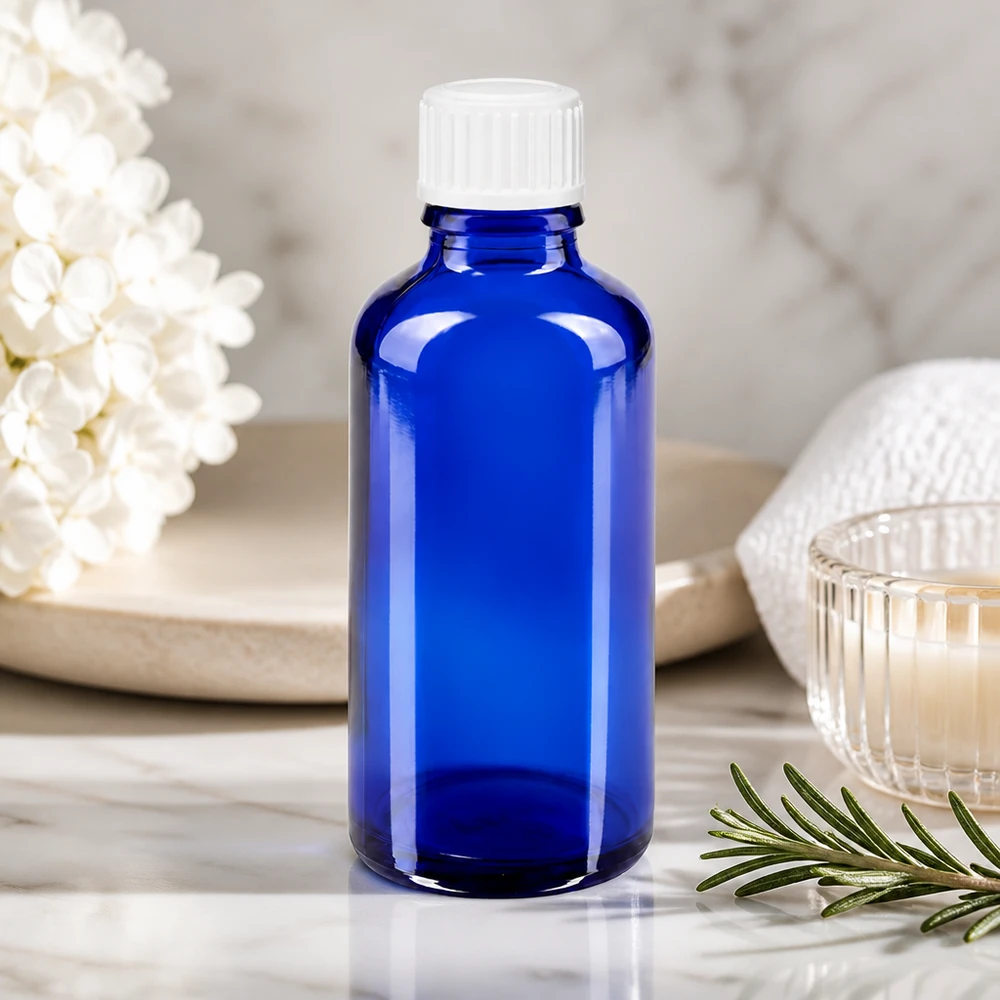 Apothekenflasche blau 50ml Schraubverschluss weiß Globuli Standard 50ml kobaltblaue Medizinflasche Apothekerglas Standard mit weißem Kindersicherheitsverschluss