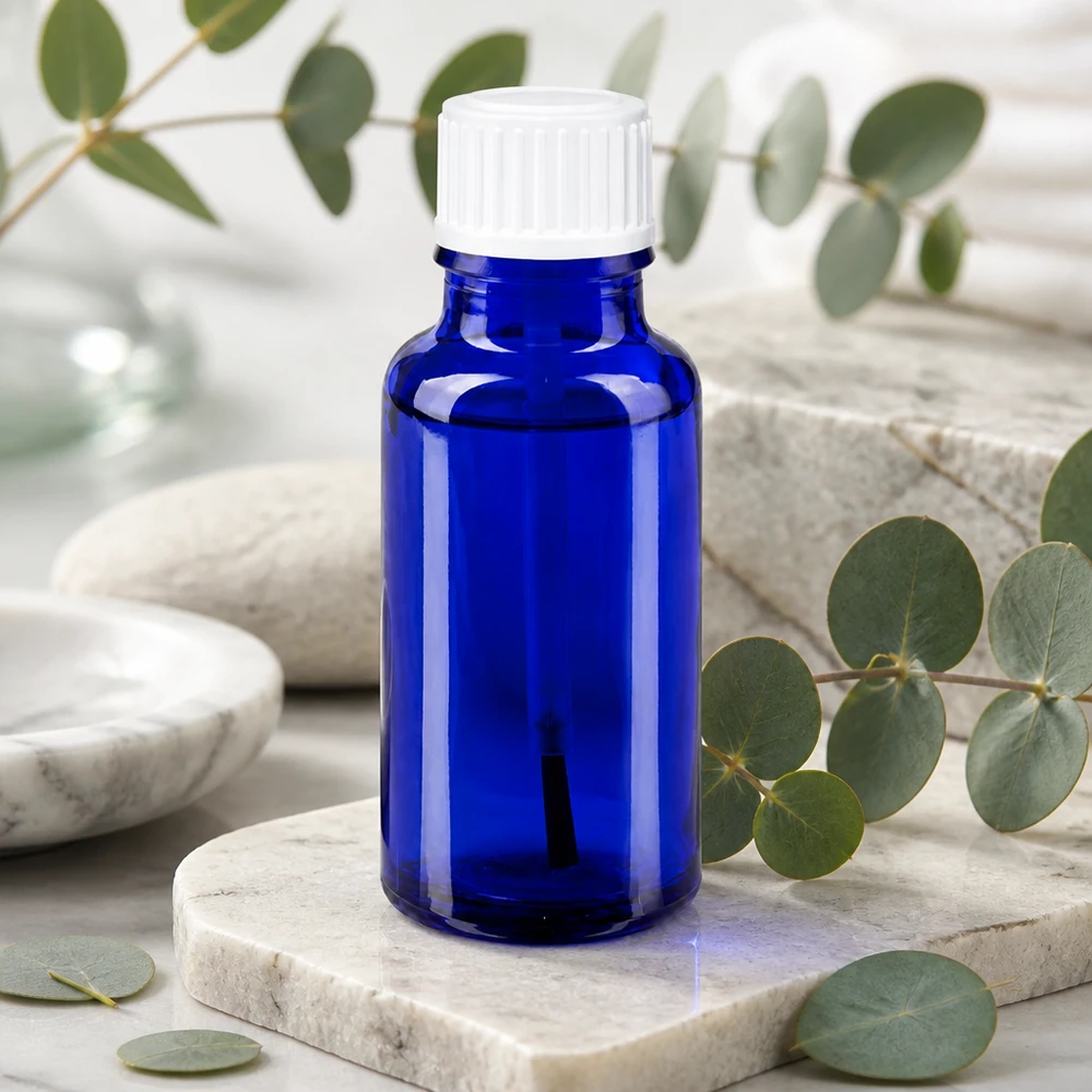 Kompakte blaue Pinselflasche 20ml ApoGlas ideal für Aromatherapie und Kosmetik