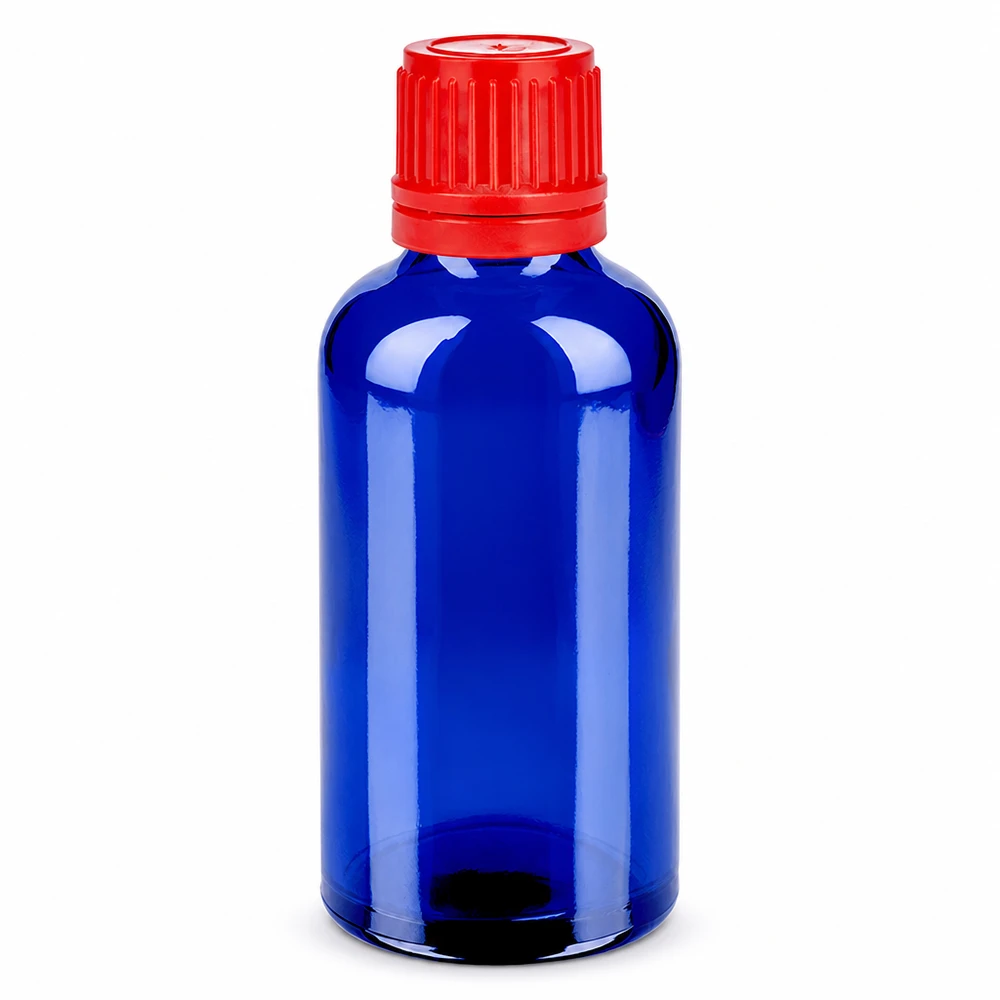 Flacon 50ml 11mm SV rouge OV BlueLine UT18/50 Flacon de pharmacie 50ml bleu verre rouge bouchon sécurité enfant BlueLine UT18