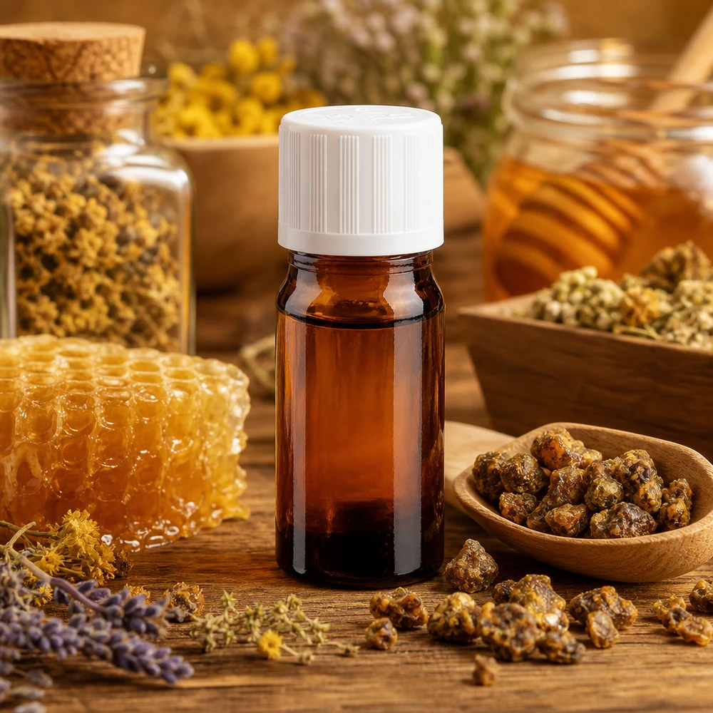 Apothekenflasche braun 5ml Schraubverschluss weiß Kindersicherung Standard Hochwertige 5ml Apothekerflasche Braunglas weißer Schraubverschluss zwischen Kräutern und Honig