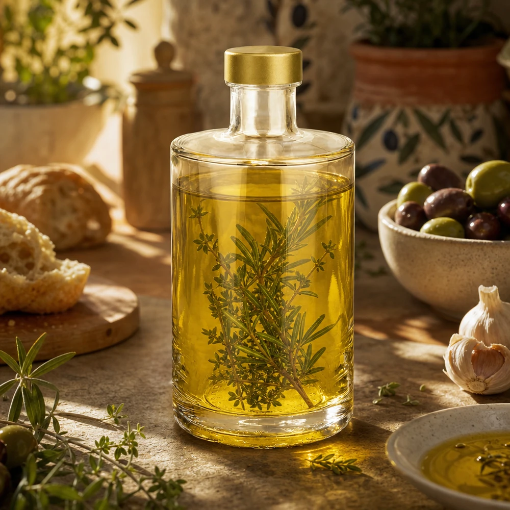 Bottiglia in vetro da 375 ml Sam + tappo a vite oro UNiTWIST® Bottiglia in vetro da 375 ml Sam riempita con olio alle erbe rosmarino timo tappo dorato UNiTWIST decorazione cucina mediterranea